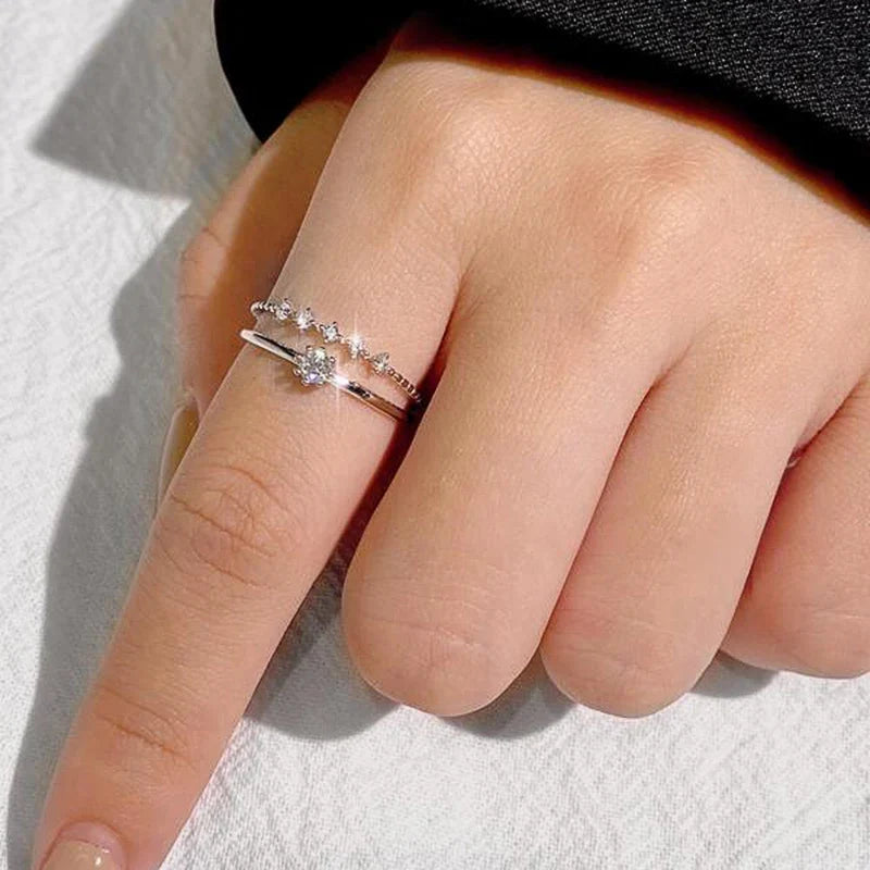 Huitan 2-Piece Stackable Silver CZ Thin Rings Set for Women