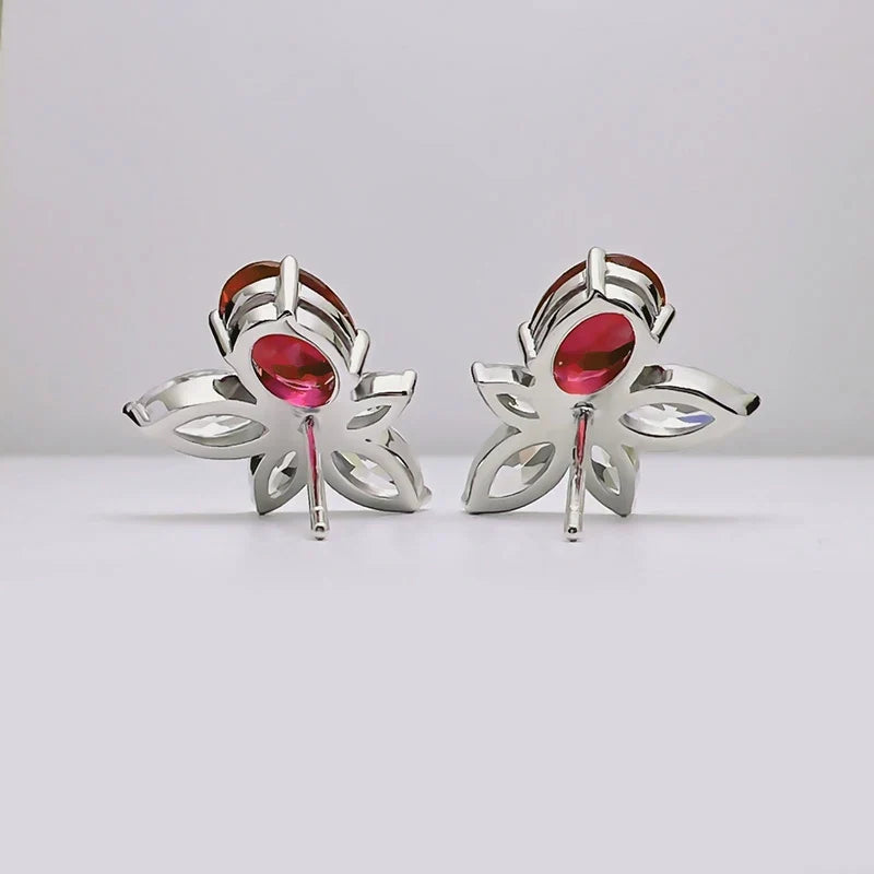 Huitan Red CZ Flower Stud Earrings – Silver-Tone Women's Jewelry