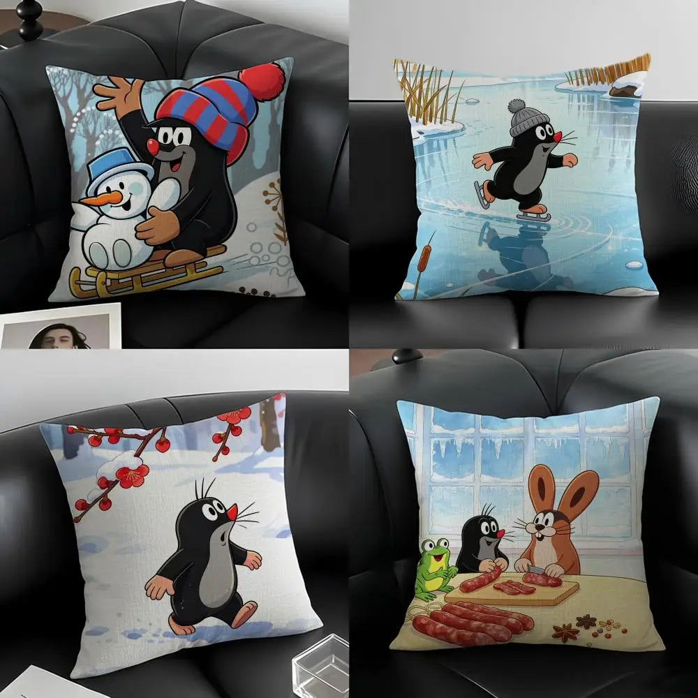 Cartoon Mole Linen Cushion Cover – Sofa, Bed & Chair Decor