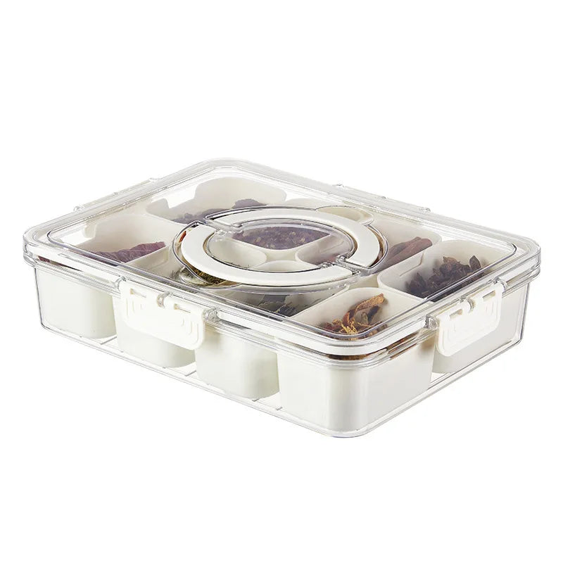 Divided Rotating Serving Tray Lid Handle Portable Snackle Box Fruits
