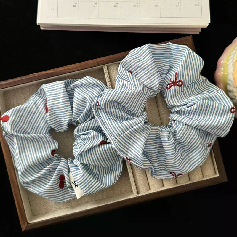 Korean Cherry Stripe Scrunchie Hair Ties – Set of 2 | K-Style