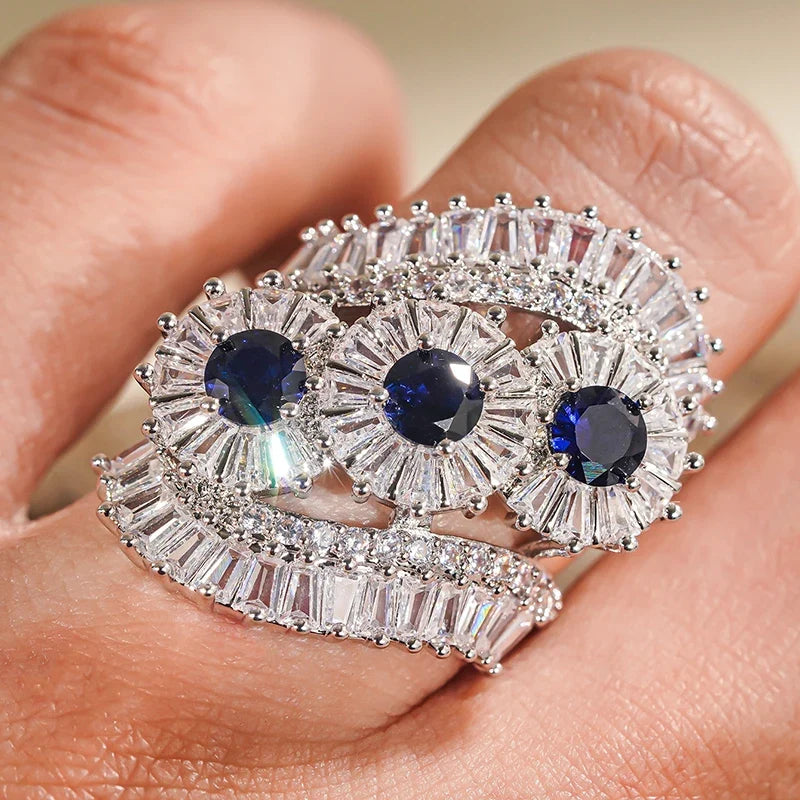Huitan Blue & White CZ Pave Ring | Women's Wedding Band