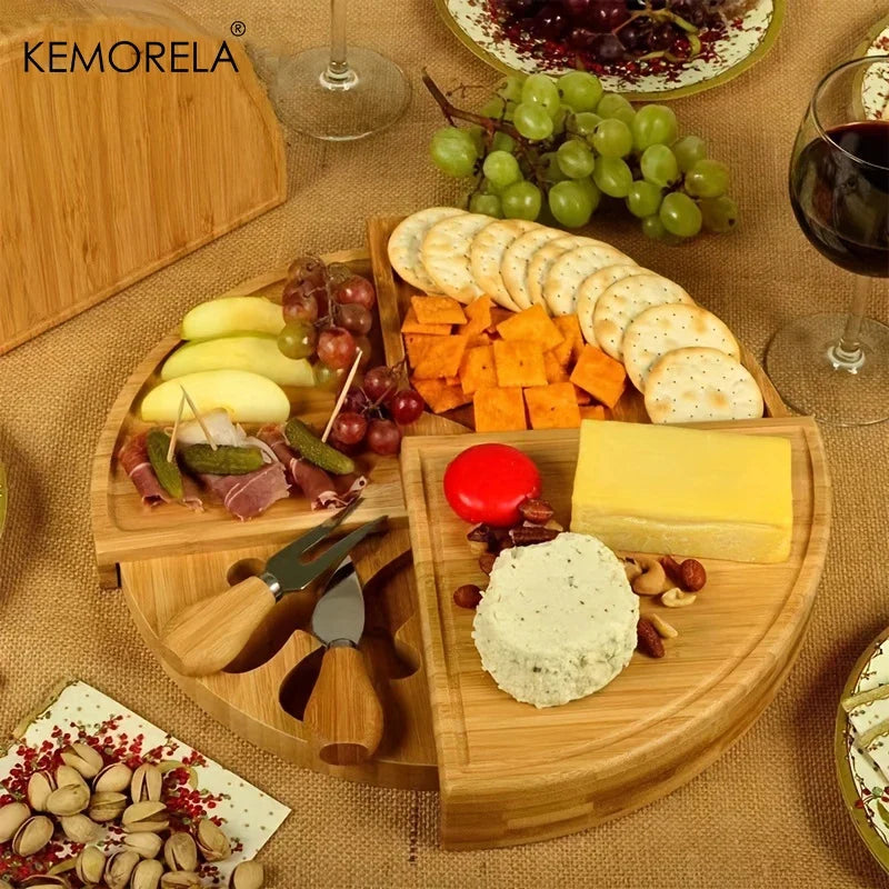 KEMORELA Wooden Cheese Board Set with Drawer & Cutlery Tools