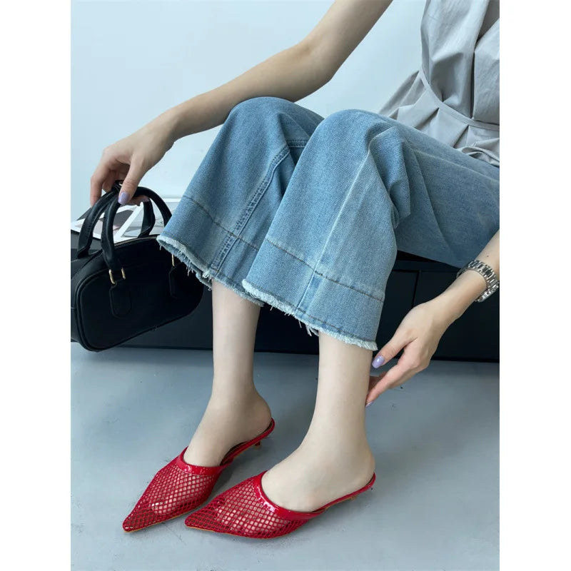 Women's Mesh Pointed Toe Low Heel Sandals | Party Dress Shoes