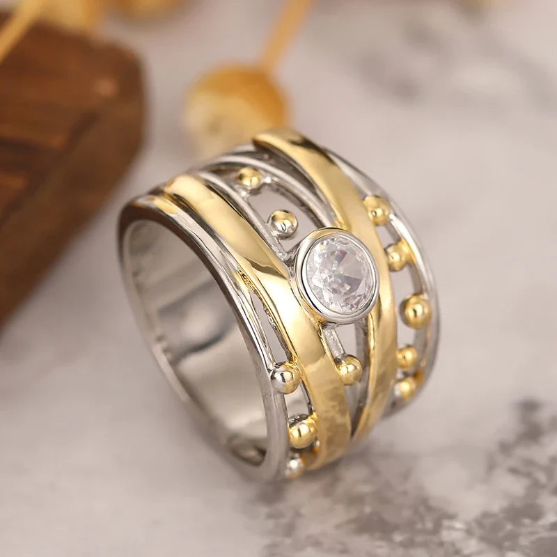 Huitan Two-Tone Cubic Zirconia Ring – Women's Fashion Band