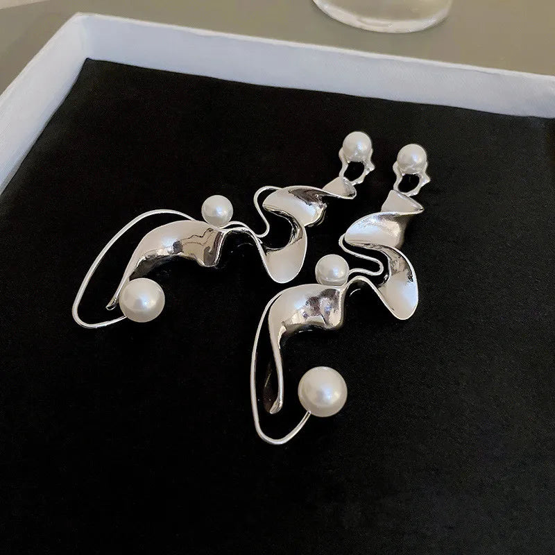 Huitan Silver Irregular Drop Earrings with Imitation Pearl