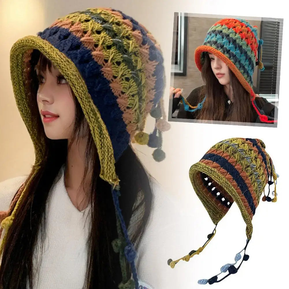 Women's Rainbow Striped Knit Beanie Hat – Warm Winter Ear Cap