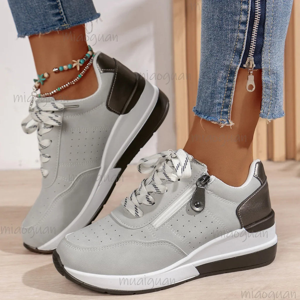 Women's Platform Wedge Sneakers – Breathable Lace-Up Casual Shoes