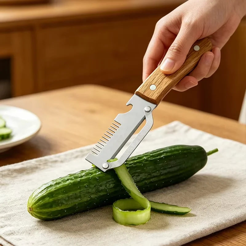 3-in-1 Stainless Steel Vegetable Peeler with Wooden Handle