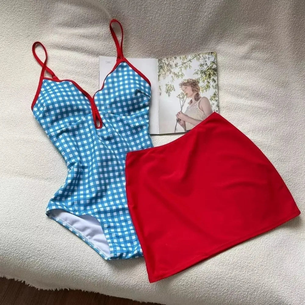 Women's Plaid Two-Piece Swimsuit Set | Scalloped Skirt Blue