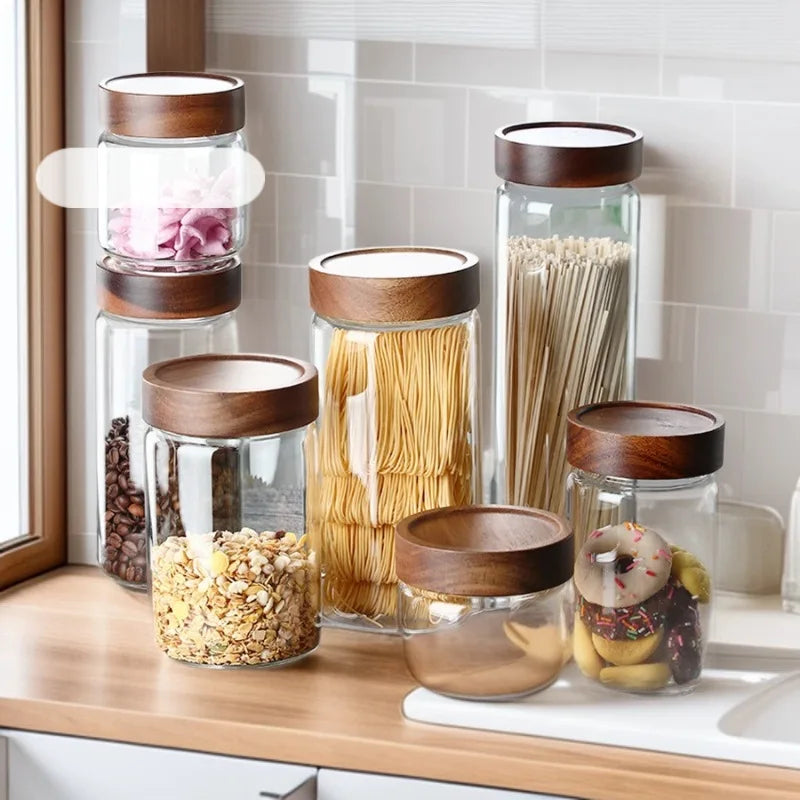 Glass Sealed Storage Jars with Wood Lid | Kitchen Organizer