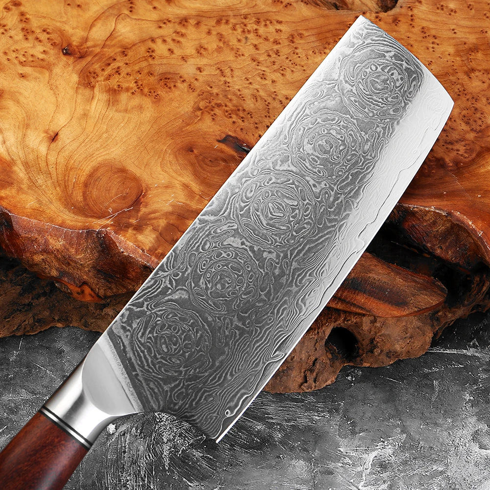 Damascus Nakiri Knife 7" Rosewood Handle | Japanese Vegetable Knife