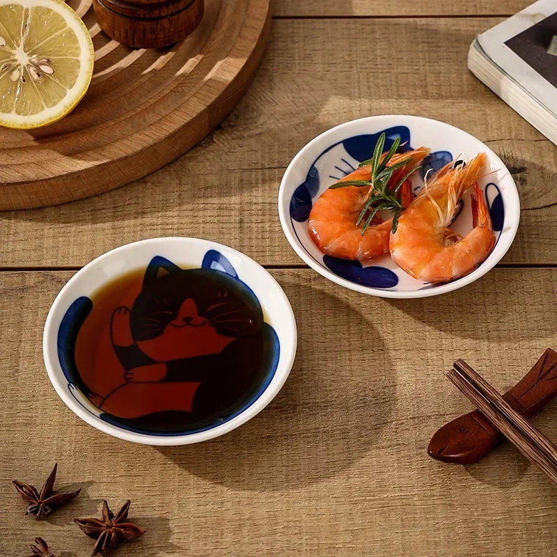 Japanese Cat Ceramic Dipping Dish | Soy Sauce & Seasoning Bowl