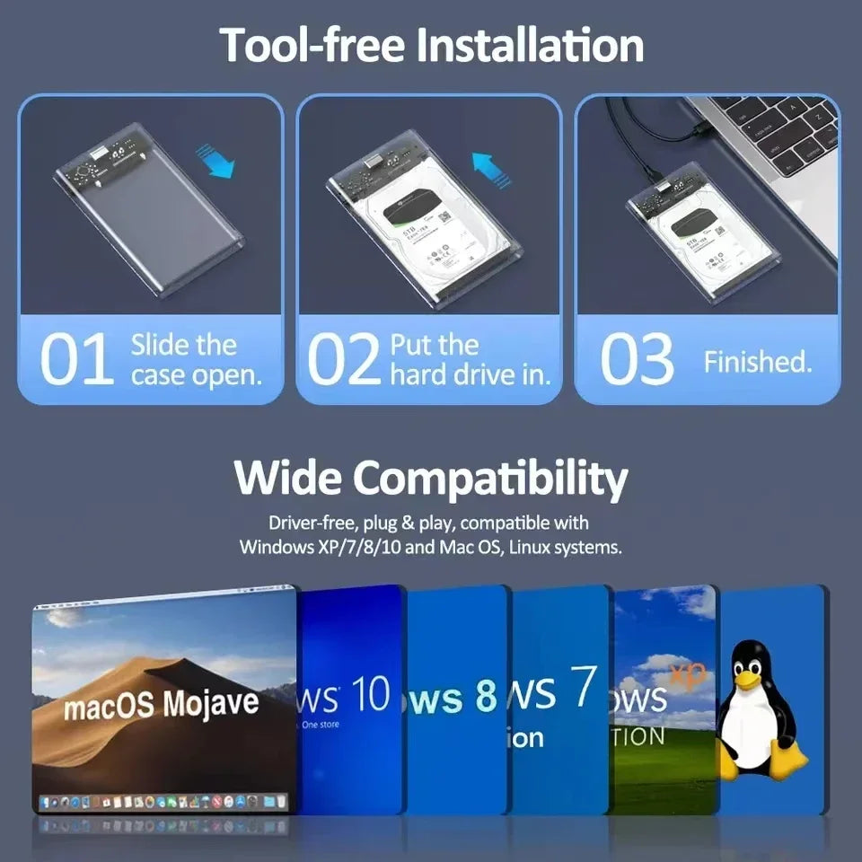 Transparent HDD Case Enclosure SATA USB 3 0 Type-c 1 UASP Clear Hard