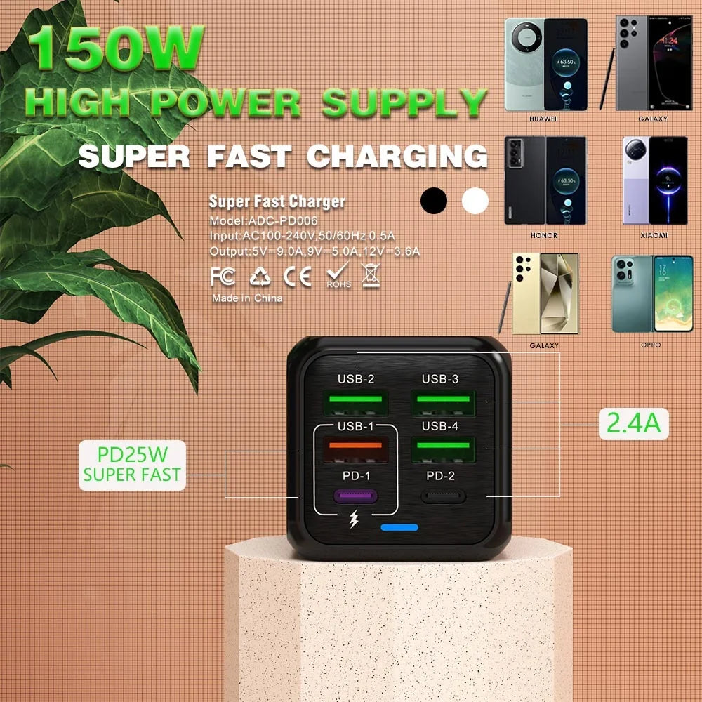 150W 6-Port USB-C Wall Charger | PD QC 3.0 Fast Charging