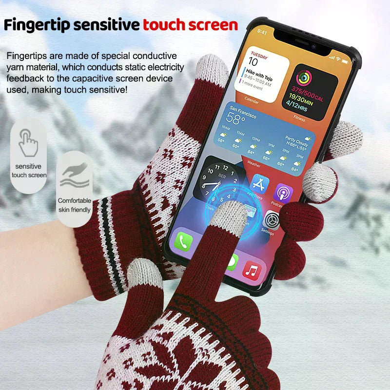 Winter Knitted Touchscreen Gloves – Snowflake Embroidery