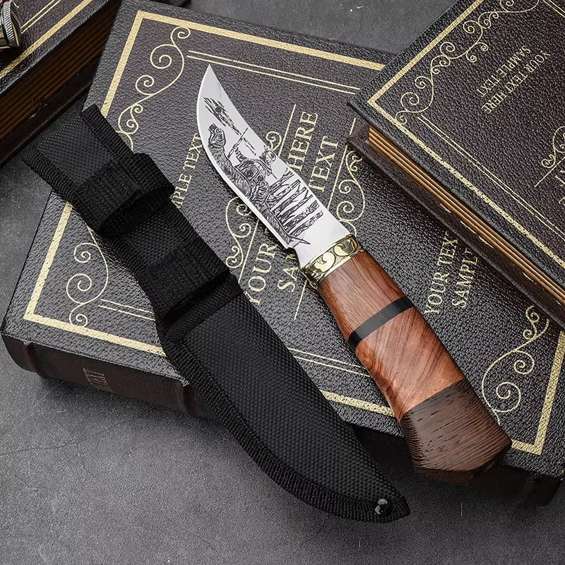 Fixed Blade Camping Knife – Engraved Stainless Steel & Wood Handle