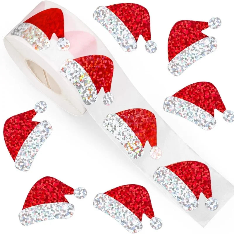 Santa Hat Stickers Roll Self-adhesive Laser Glitter Christmas