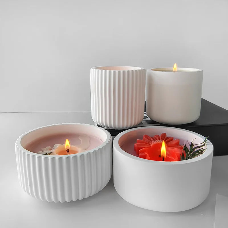 Candle Vessel Silicone Mold Cylindrical Ribbed Smooth Concrete Resin