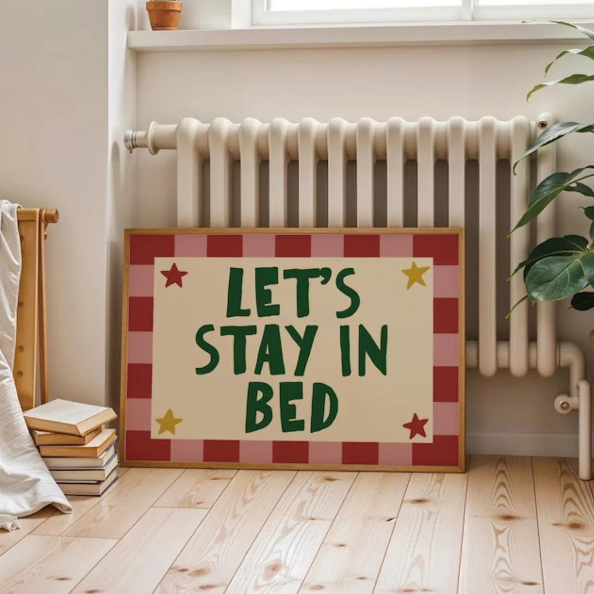 "Let's Stay In Bed" Retro Typography Canvas Wall Art Print
