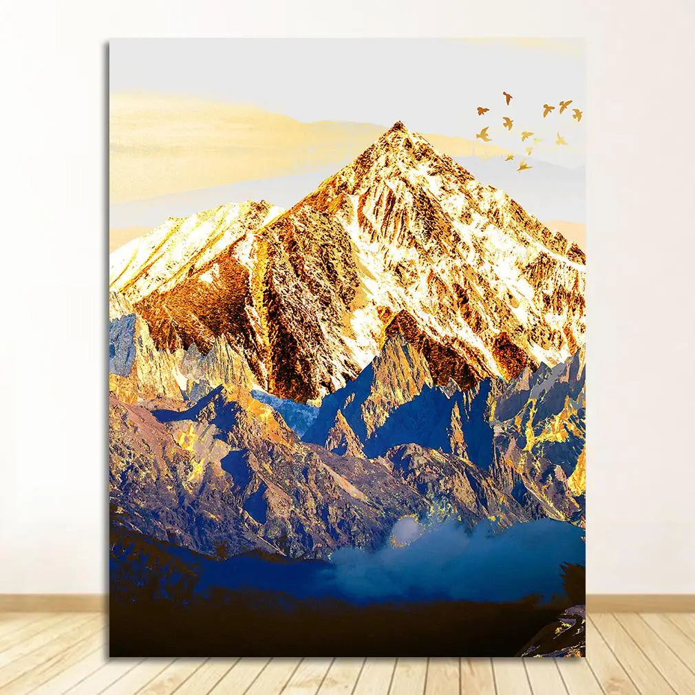 Nordic Snow Mountain Golden Abstract Canvas Wall Art Print Poster