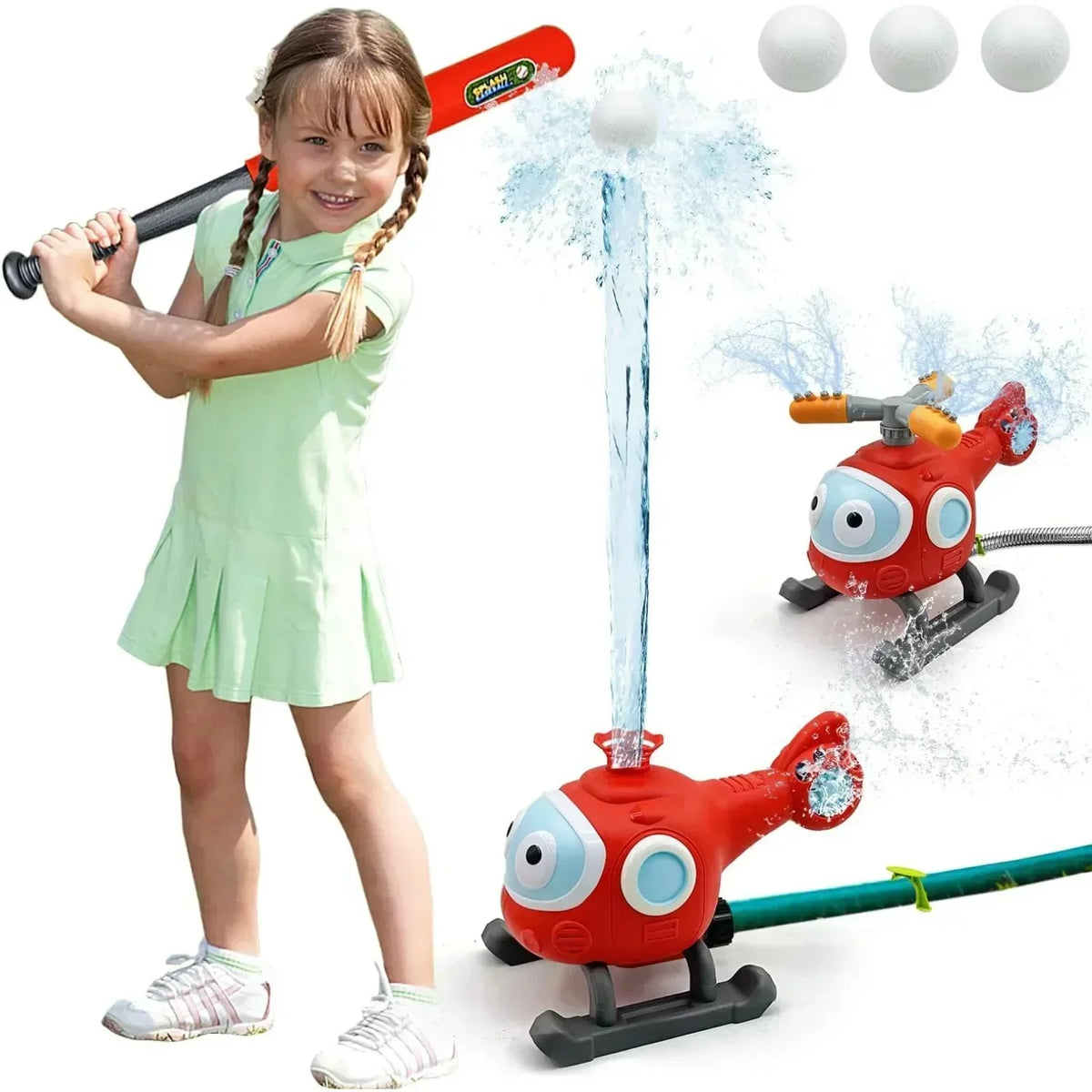 2-in-1 Kids Water Sprinkler Baseball Set | Helicopter Yard Toy