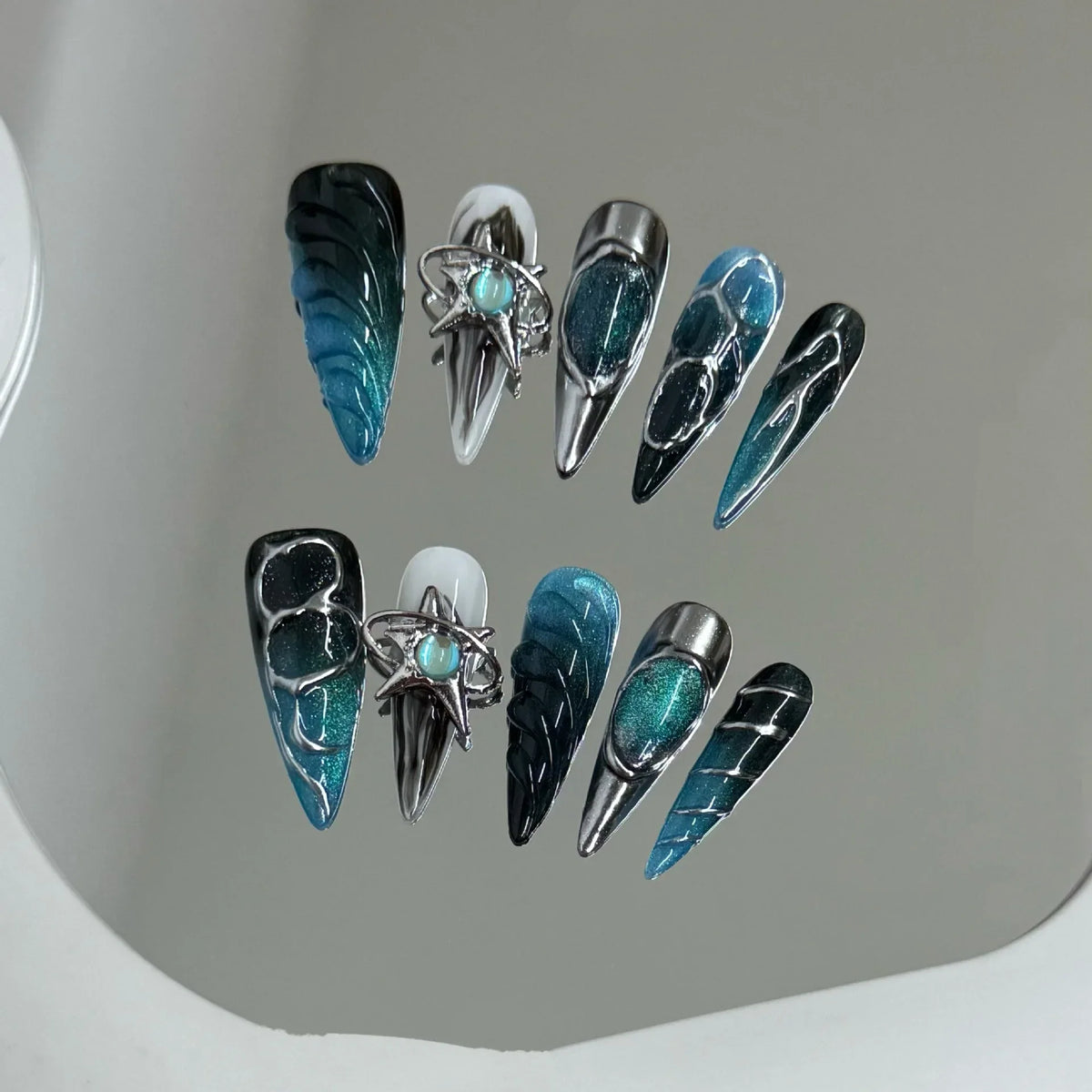 Gothic Punk Press On Nails Dark Blue Silver | 10pcs Set