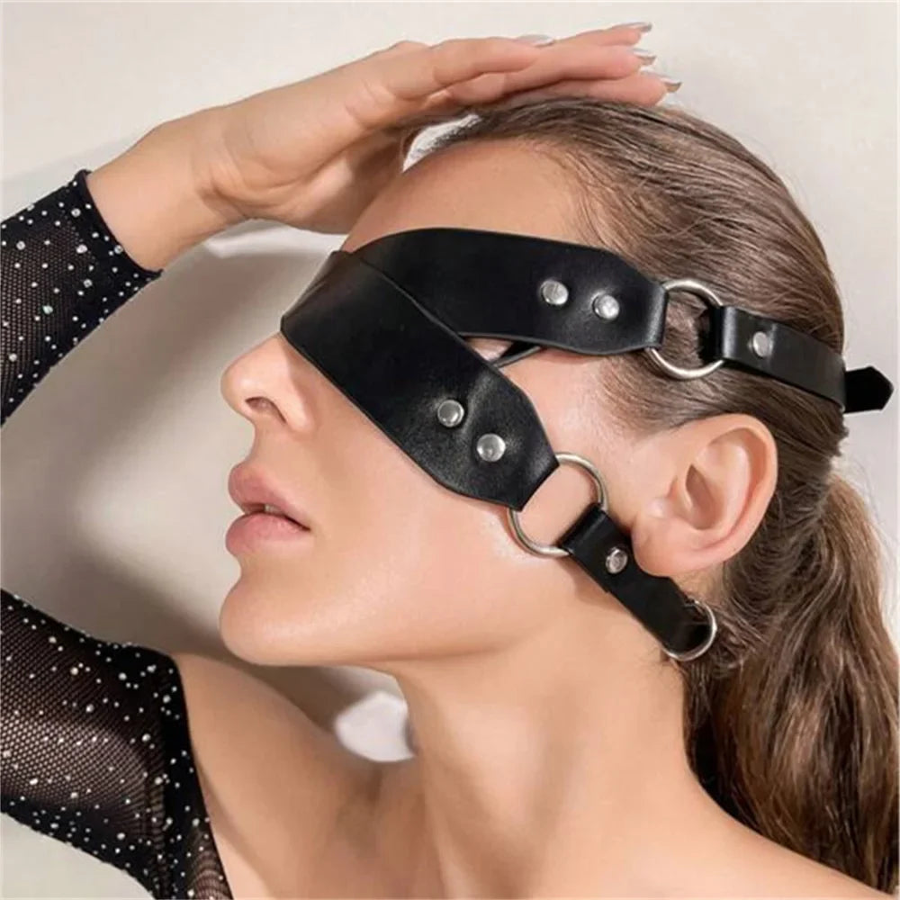 Fullyoung Sexy Mask Face Women PU Leather Goth Harness Cosplay Anime