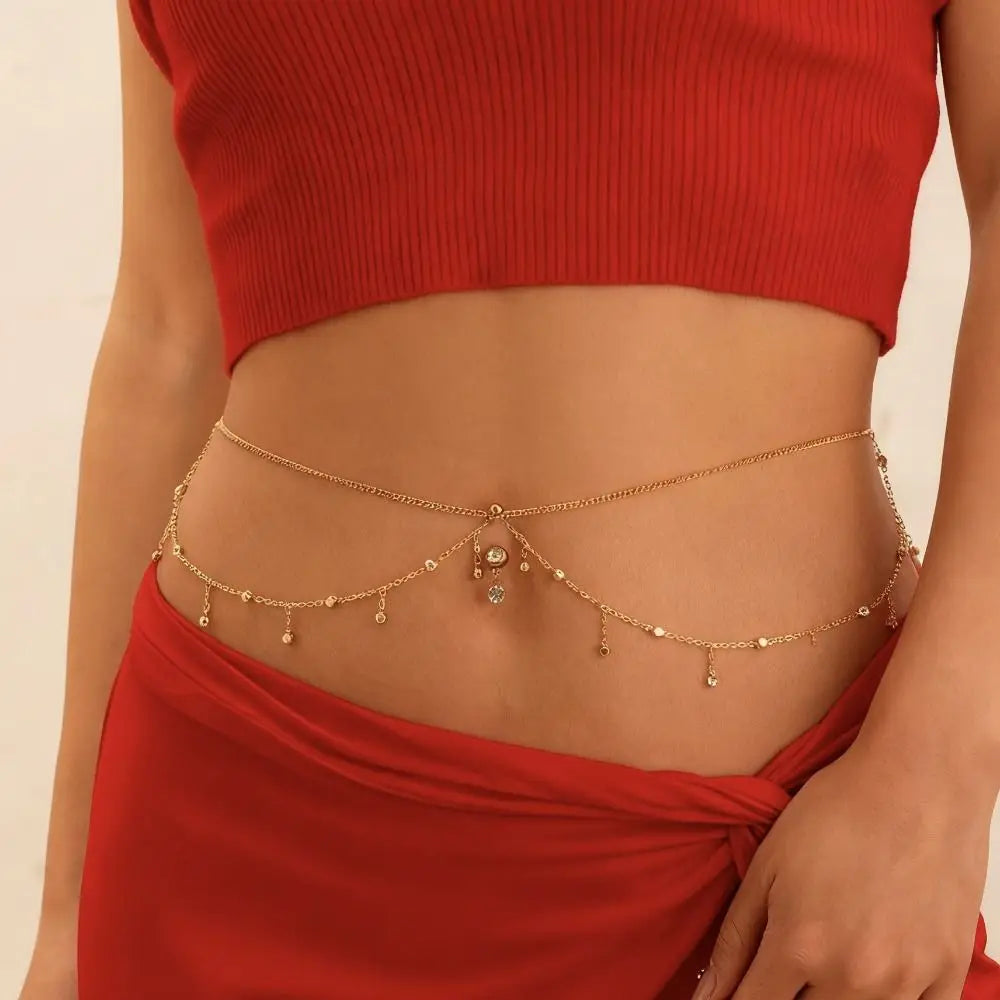 Boho Double Layer Belly Waist Chain – Zircon Tassel Gold Silver