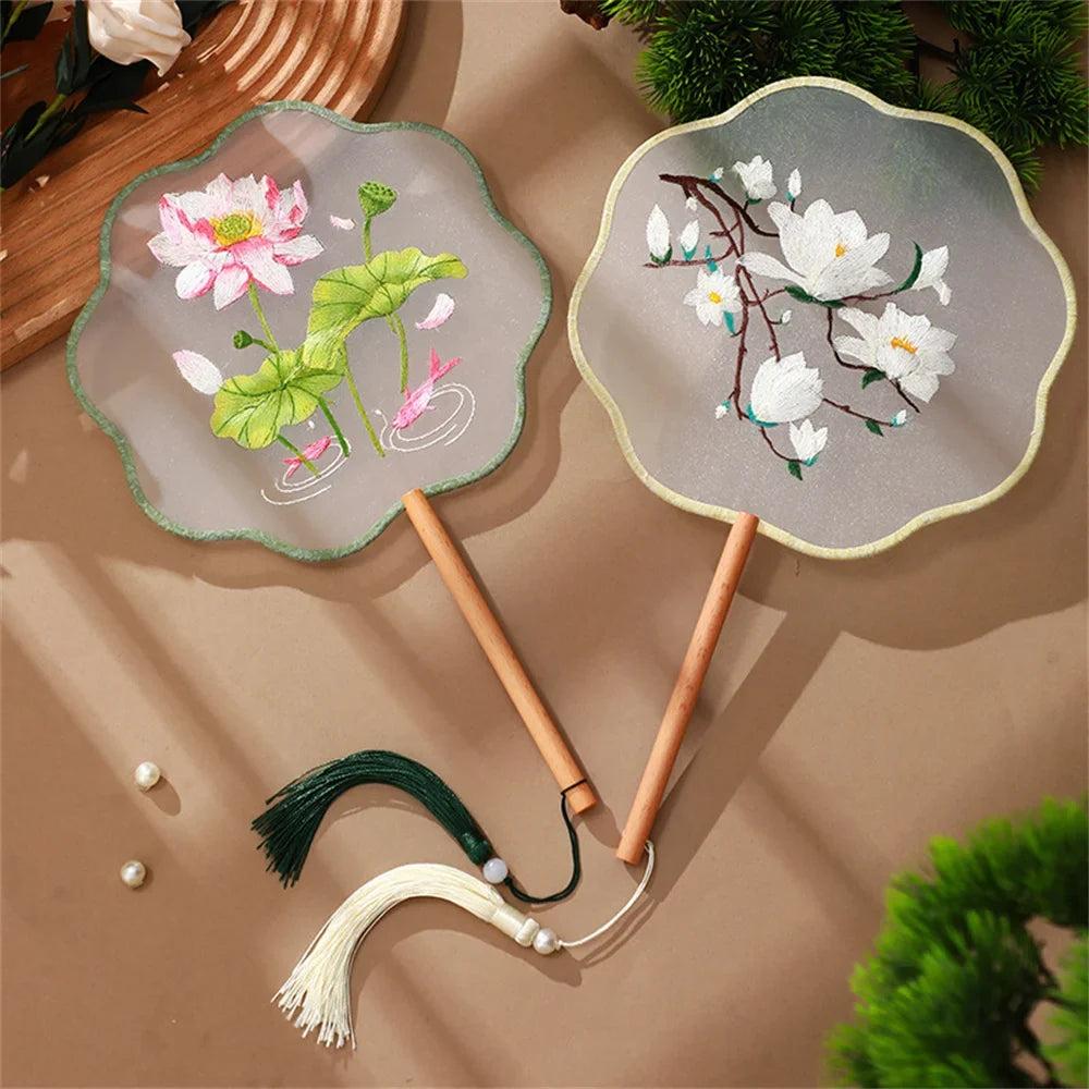 Flower Embroidered Silk Round Fan Chinese Hand Fans Wooden Handle