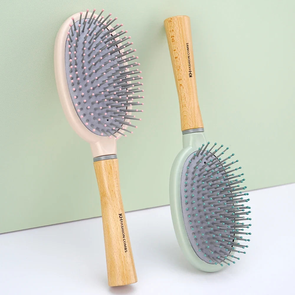 Natural Wood Air Cushion Hair Brush – Soft Nylon Detangling