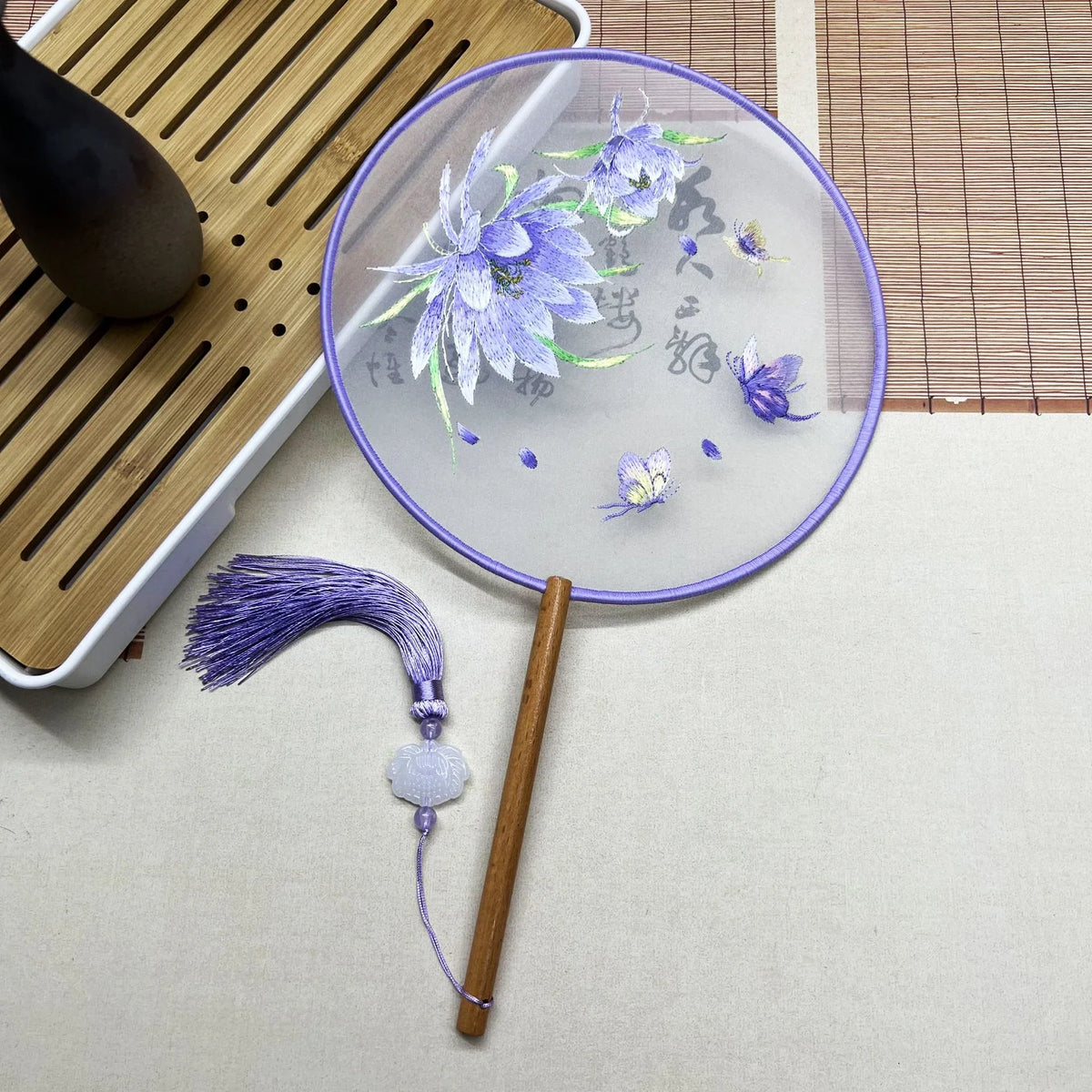 Red Flower Silk Fan Double Sided Embroidery Round Chinese Palace