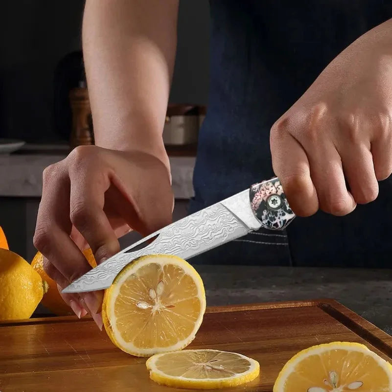 Damascus Steel Folding Pocket Knife – Sharp Blade, Resin Handle