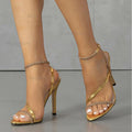 Women's Gold Square Toe High Heel Sandals | Ankle Strap Pumps