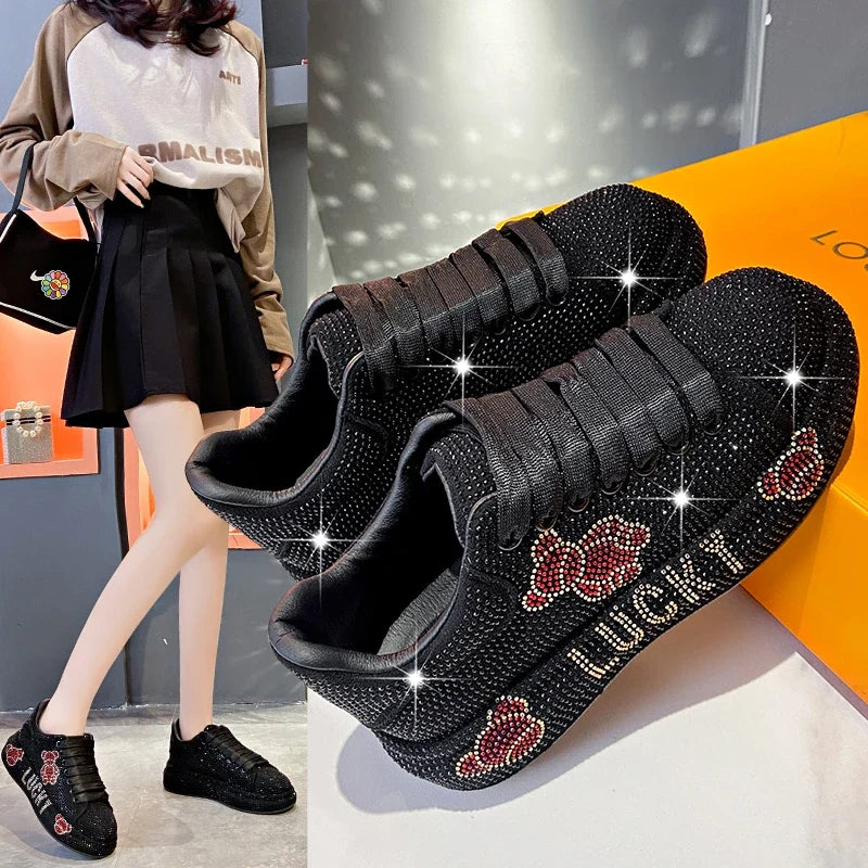 Women's Rhinestone Platform Sneakers – Glam Lace-Up Trainers