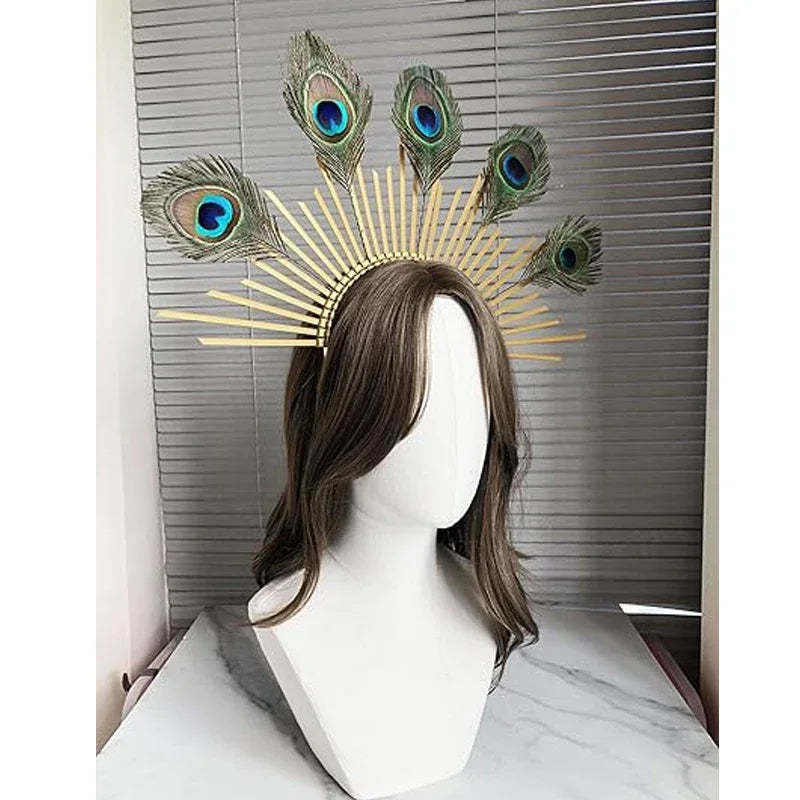 Peacock Feather Gold Halo Crown Headband | Bridal Cosplay Festival