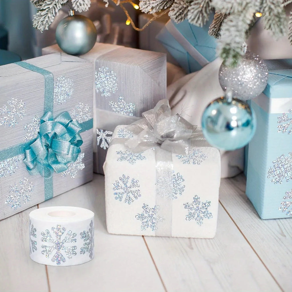500 Laser Silver Snowflake Stickers Roll – Waterproof Christmas Tags