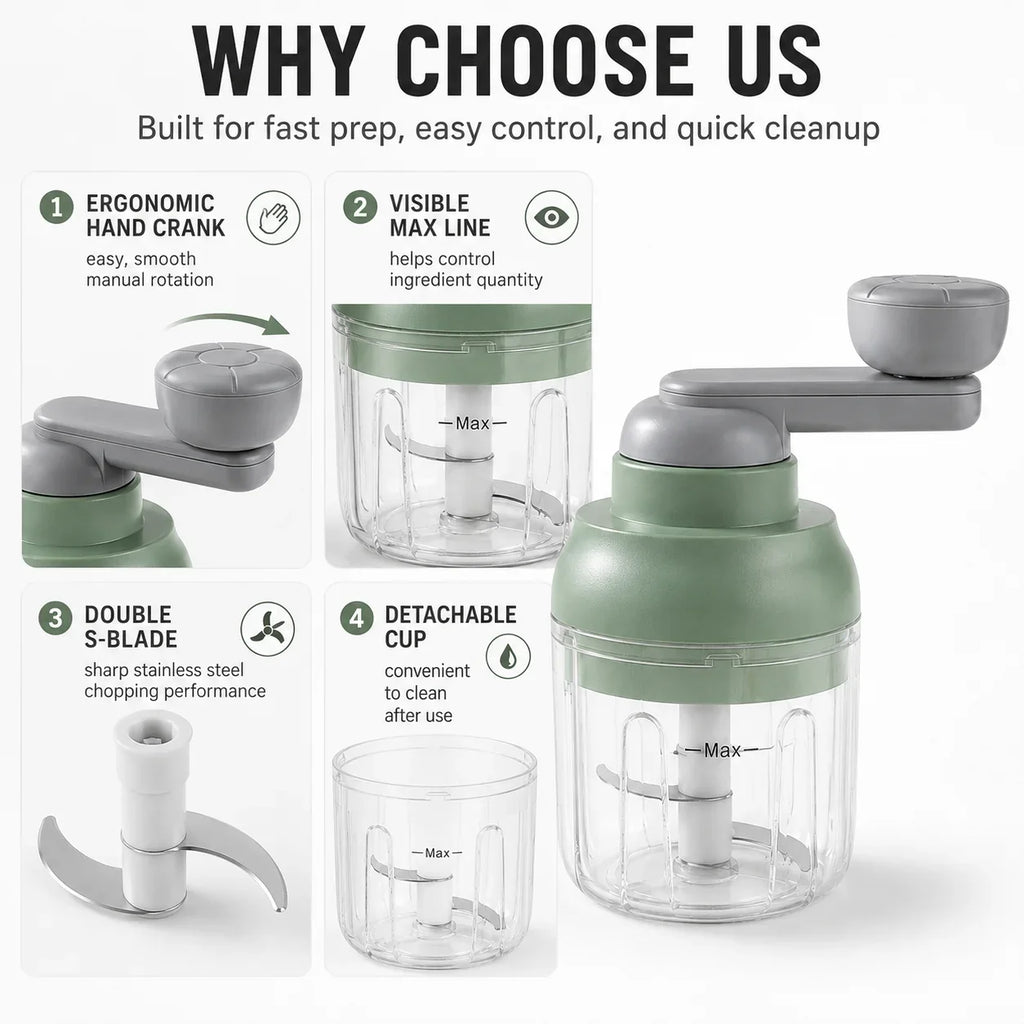 Manual Food Processor 250ml – Hand Crank Vegetable Chopper