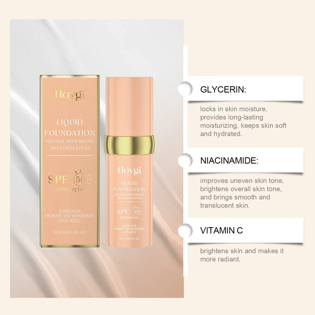 Hoygi SPF 50 Liquid Foundation – Full Coverage, Waterproof