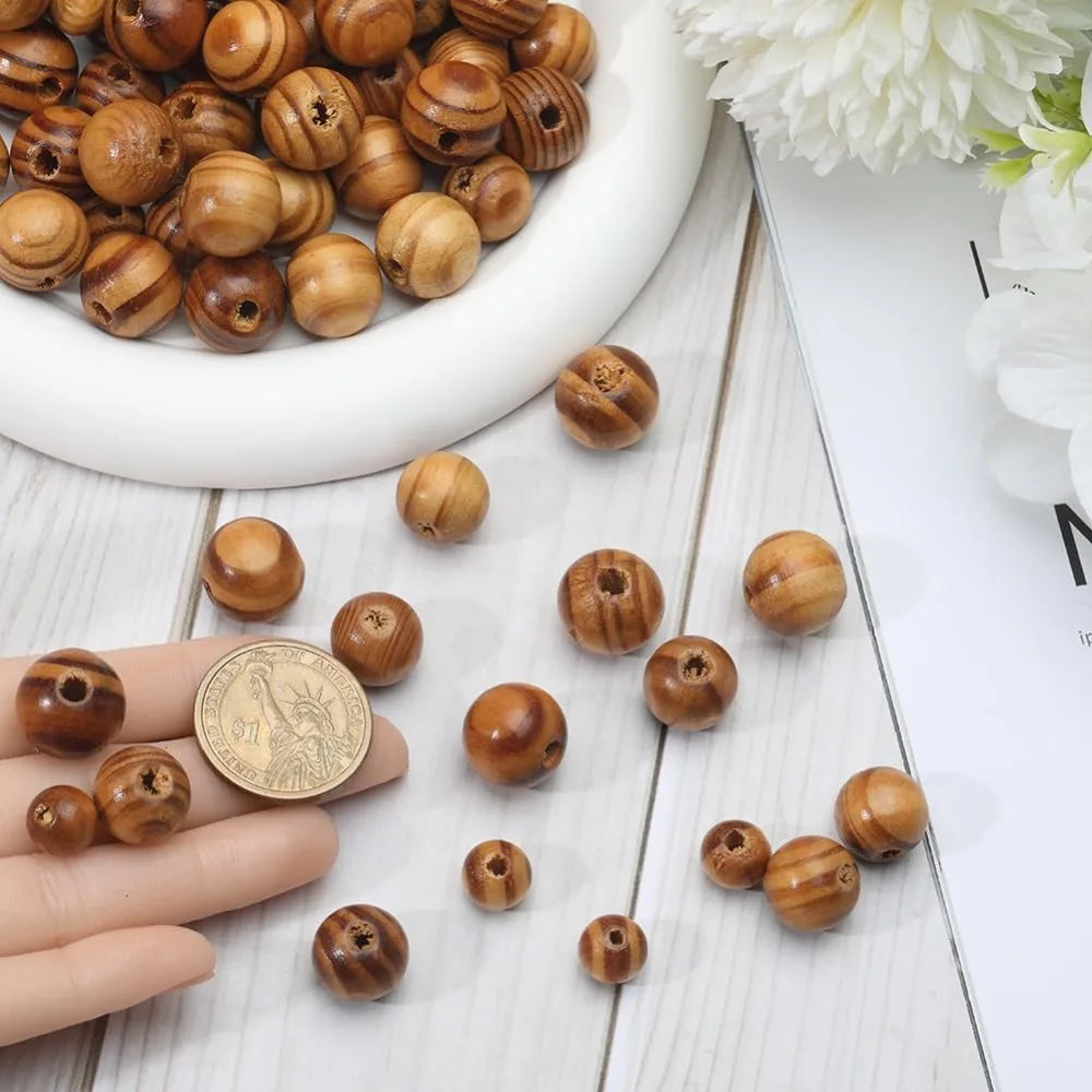 300Pcs Natural Wood Beads – 3 Sizes Round Wooden Spacer Beads