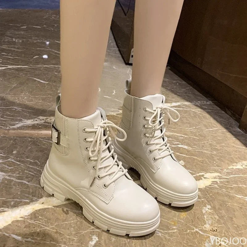 Women's Belt Buckle Ankle Boots – Soft Sole Lace-Up Shoes