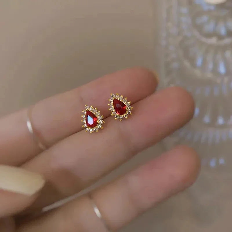 Huitan Red Cubic Zirconia Water Drop Stud Earrings Women