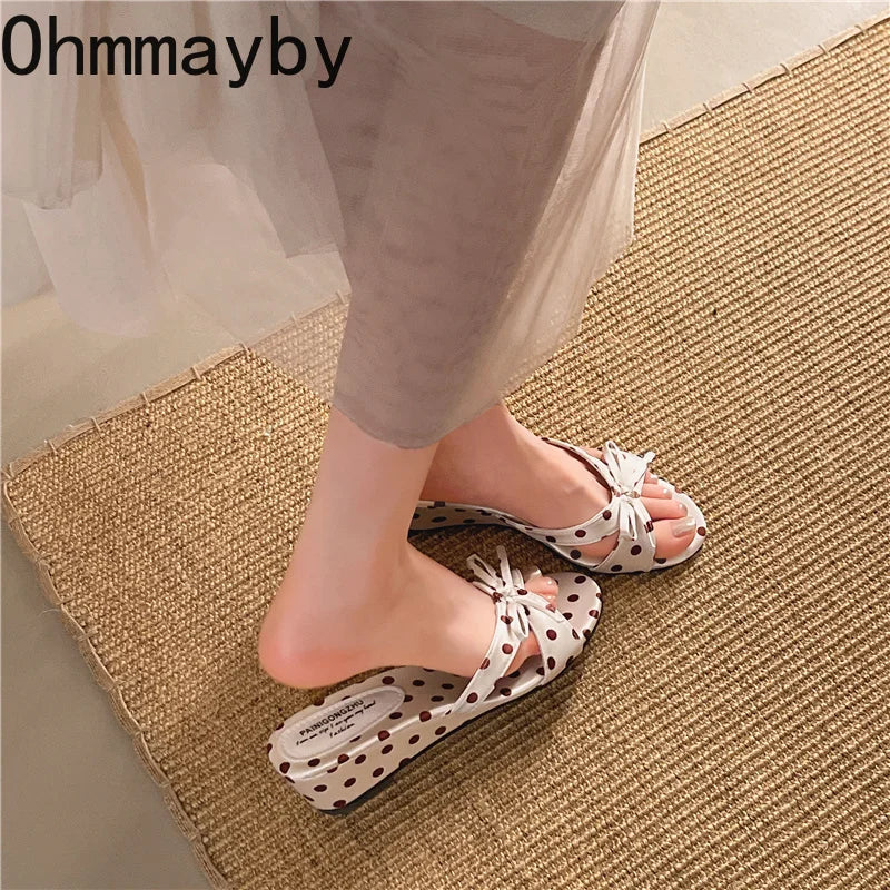 Satin Butterfly-Knot Women Wedge Slippers – Polka Dot Slides