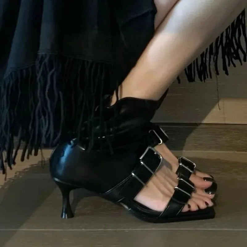 Women's Square Toe Thin Heel Sandals | Buckle Strap Office Shoes