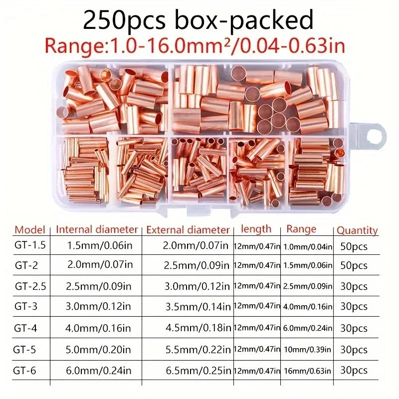 250pcs Copper Connecting Pipe Kit – Wire Joints & Cable Lugs