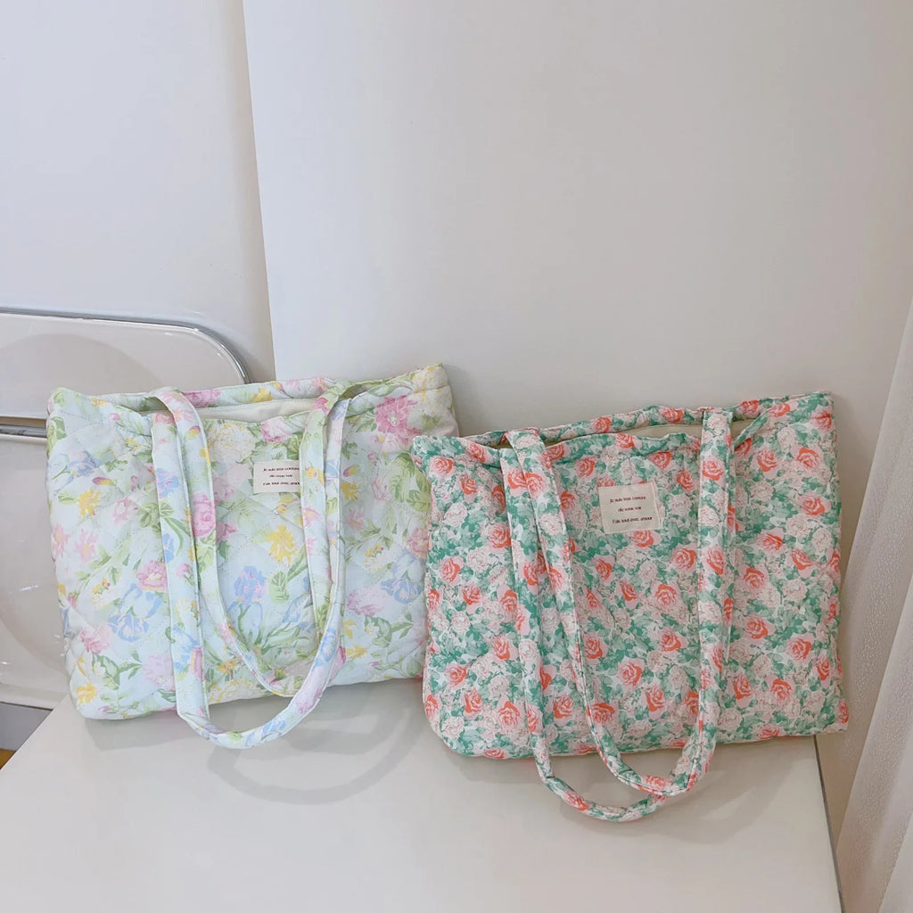 French Floral Quilted Tote Bag – Large Canvas Shoulder Handbag
