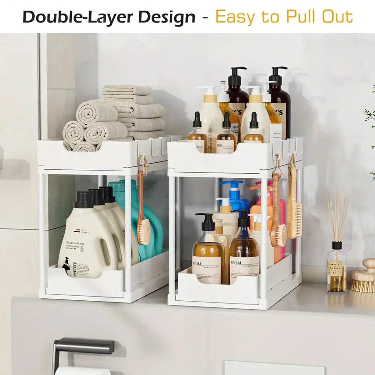 Double-layer Pull-out Kitchen Storage Rack Non-slip Stable