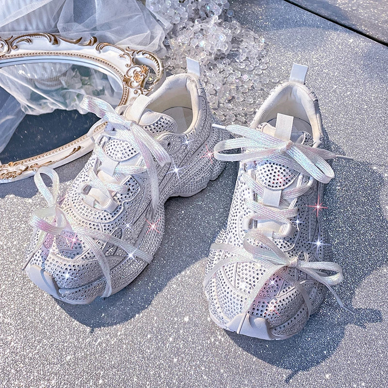 Women's Luxury Bling Platform Sneakers – Lace-Up Sport Shoes