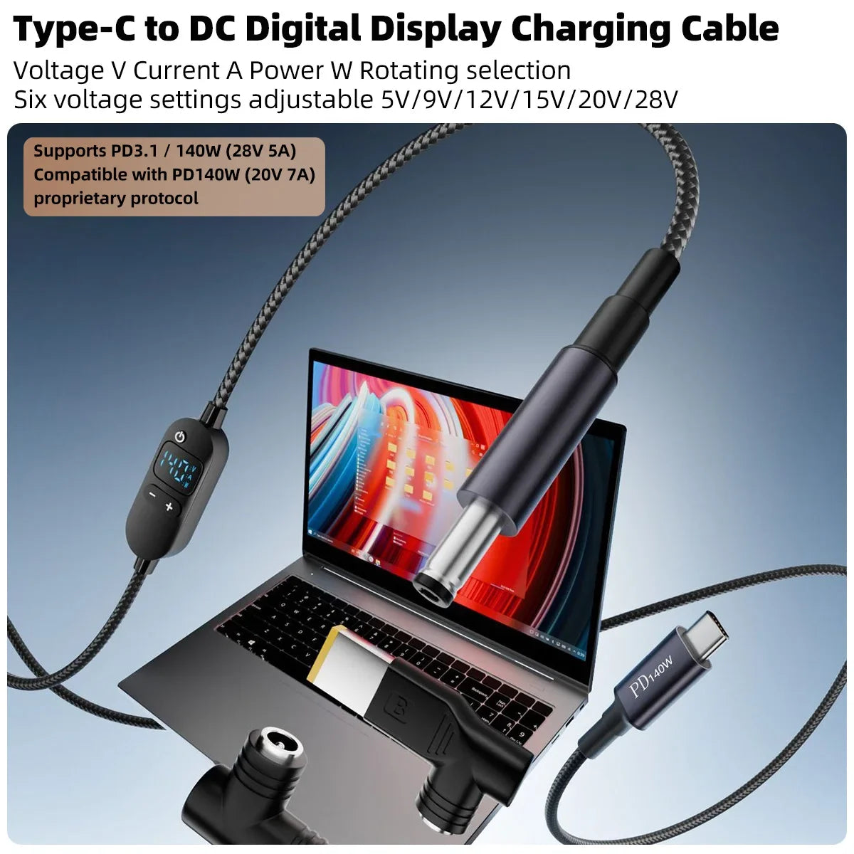 140W USB-C to DC Boost Converter Cable | 5V–28V Adjustable