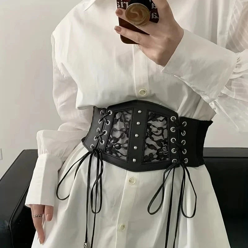 Retro Ladies's Elastic Lace Buckle Corset Belts Goth Punk Dress Black